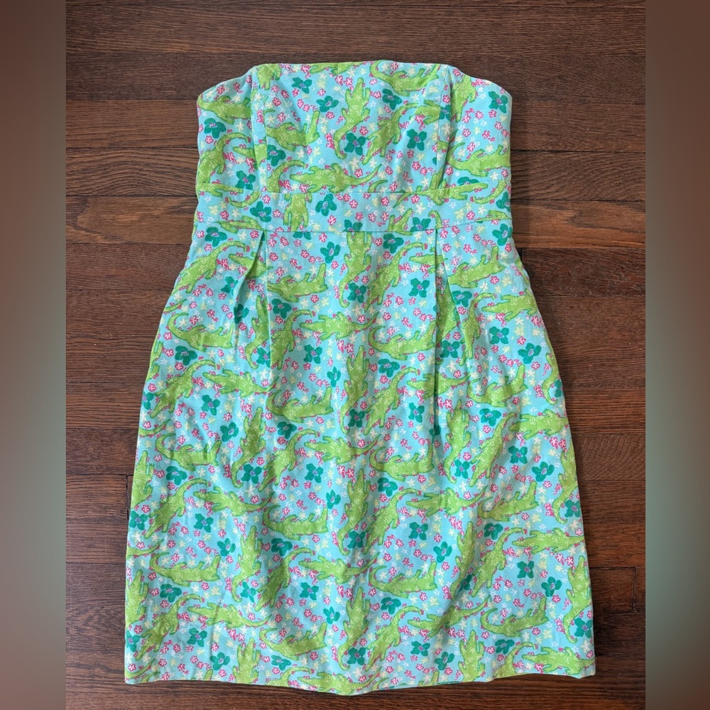 Lilly Pulitzer Aqua Strapless Dress with Green & Pink Aligator Print